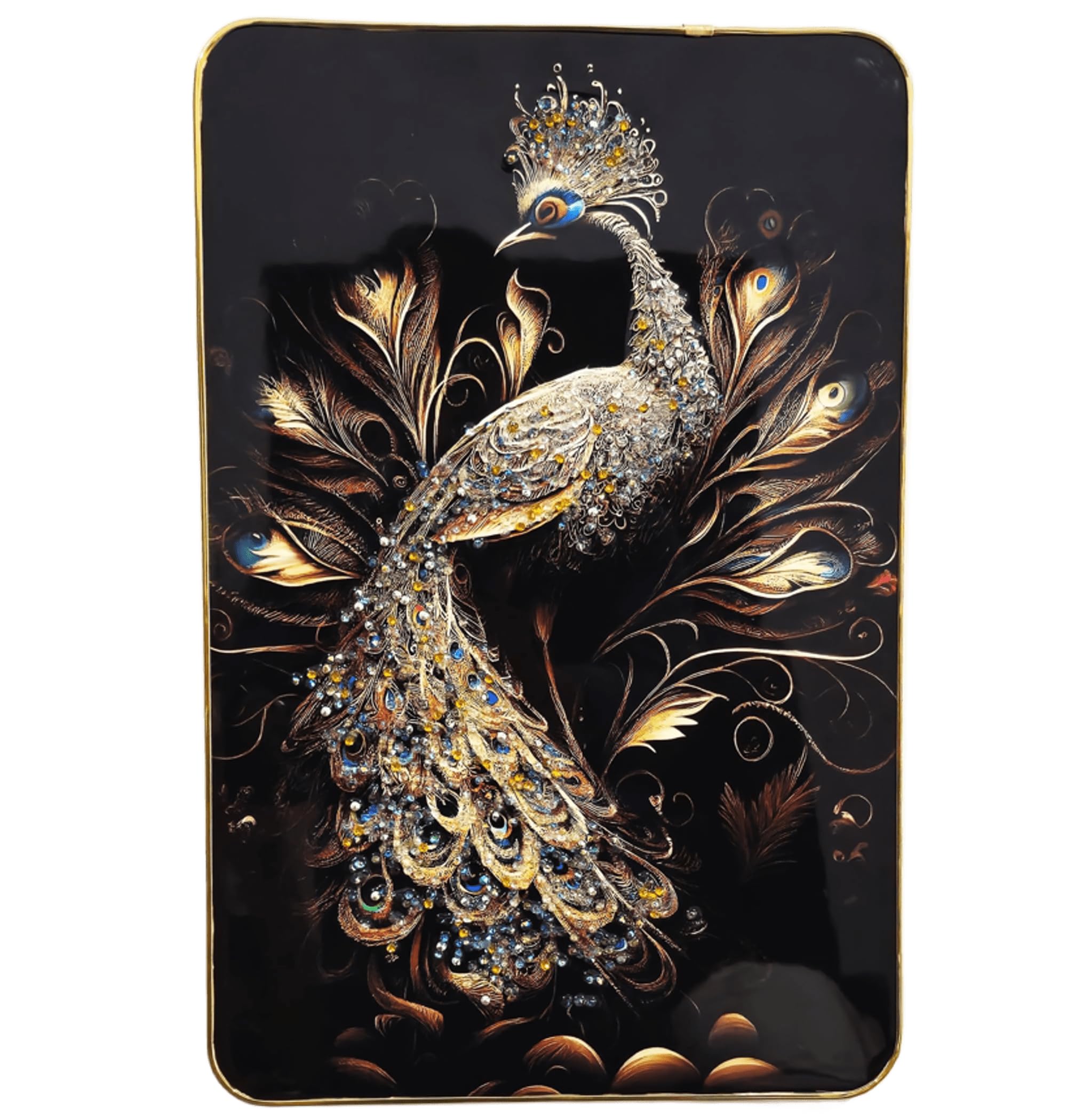 Masstone Decorative Peacock Wall Painting With Crystal Embedded High Gloss Surface Gold Slim Frame Embossed, 45X30 Cm Wall Hangi